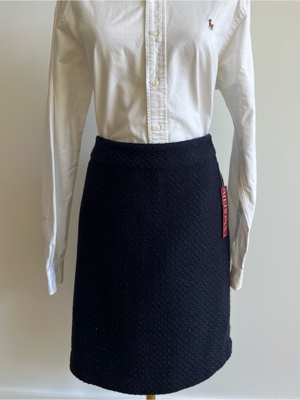 Merona Navy Blue Gold Metallic Tweed Pencil Skirt Women’s Sz 14 Lined Career